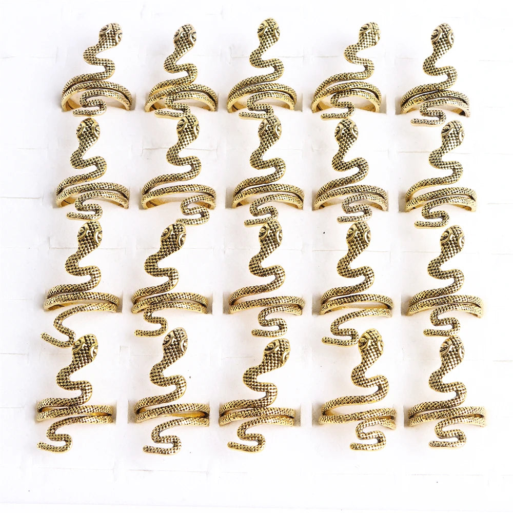 10pcs/lot Men Retro Punk Snake Rings For Women Antique Siver Color Opening Adjustable Jewelry Party Gifts
