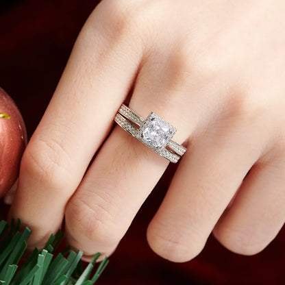 Newshe 2Pcs Genuine 925 Sterling Silver Moissanite /AAAAA Zircons Wedding Ring Set Halo Princess Cut Engagement Rings for Women