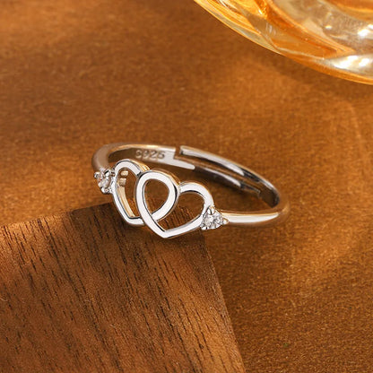 New Small Fresh Heart Shaped Creative Double Love Hollow 925 Sterling Silver Jewelry Fashion Crystal Opening Rings  R137
