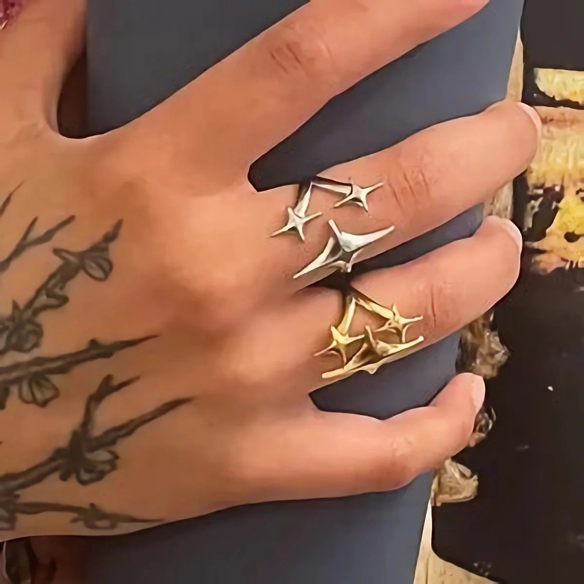 LATS Stainless Steel Y2K Celestial Star Open Rings for Women Men Unique Design Gold Silver Color Adjustable Ring Fashion Jewelry
