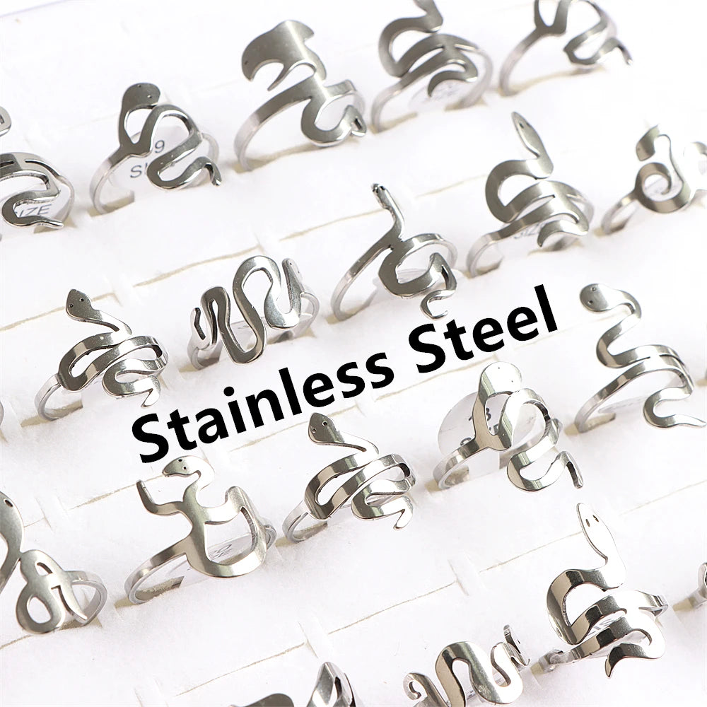 10pcs/lot Men Retro Punk Snake Rings For Women Antique Siver Color Opening Adjustable Jewelry Party Gifts