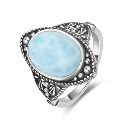 Vintage 925 Silver Natural Larimar Stone Ring Round Flower Shape Sky Blue Sea Water Ring Fine Jewelry Ring Gift For Women Men