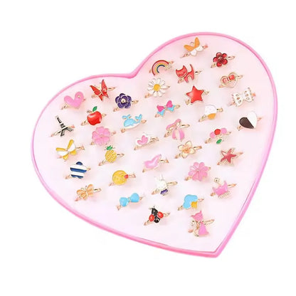 6/12/36pcs Cute Adjustable Rings for  Pretend Play Makeup Toys for Girls Cartoon Crystal Jewelry Alloy Rings Gifts for Girls