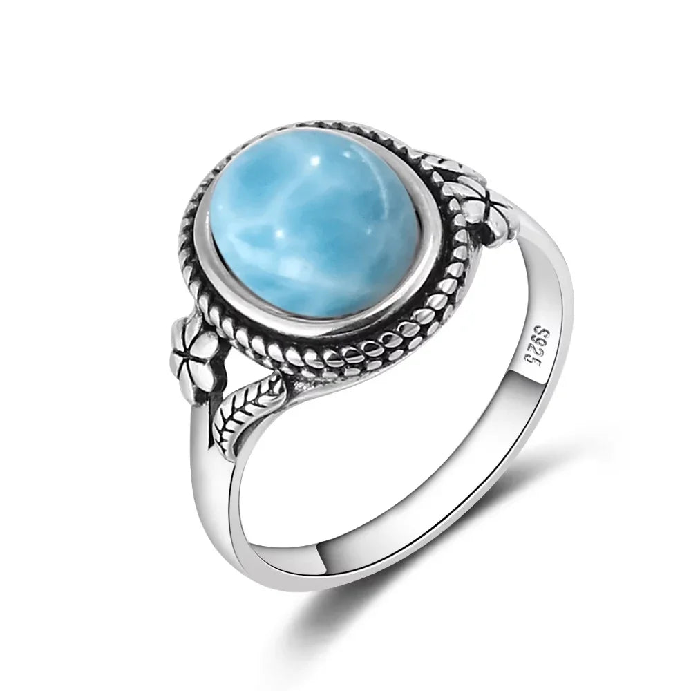Vintage 925 Silver Natural Larimar Stone Ring Round Flower Shape Sky Blue Sea Water Ring Fine Jewelry Ring Gift For Women Men