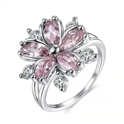 Cute Female Pink Crystal Stone Ring Charm upscale Thin Wedding Rings For Women Dainty Bride Flower Zircon Engagement Ring