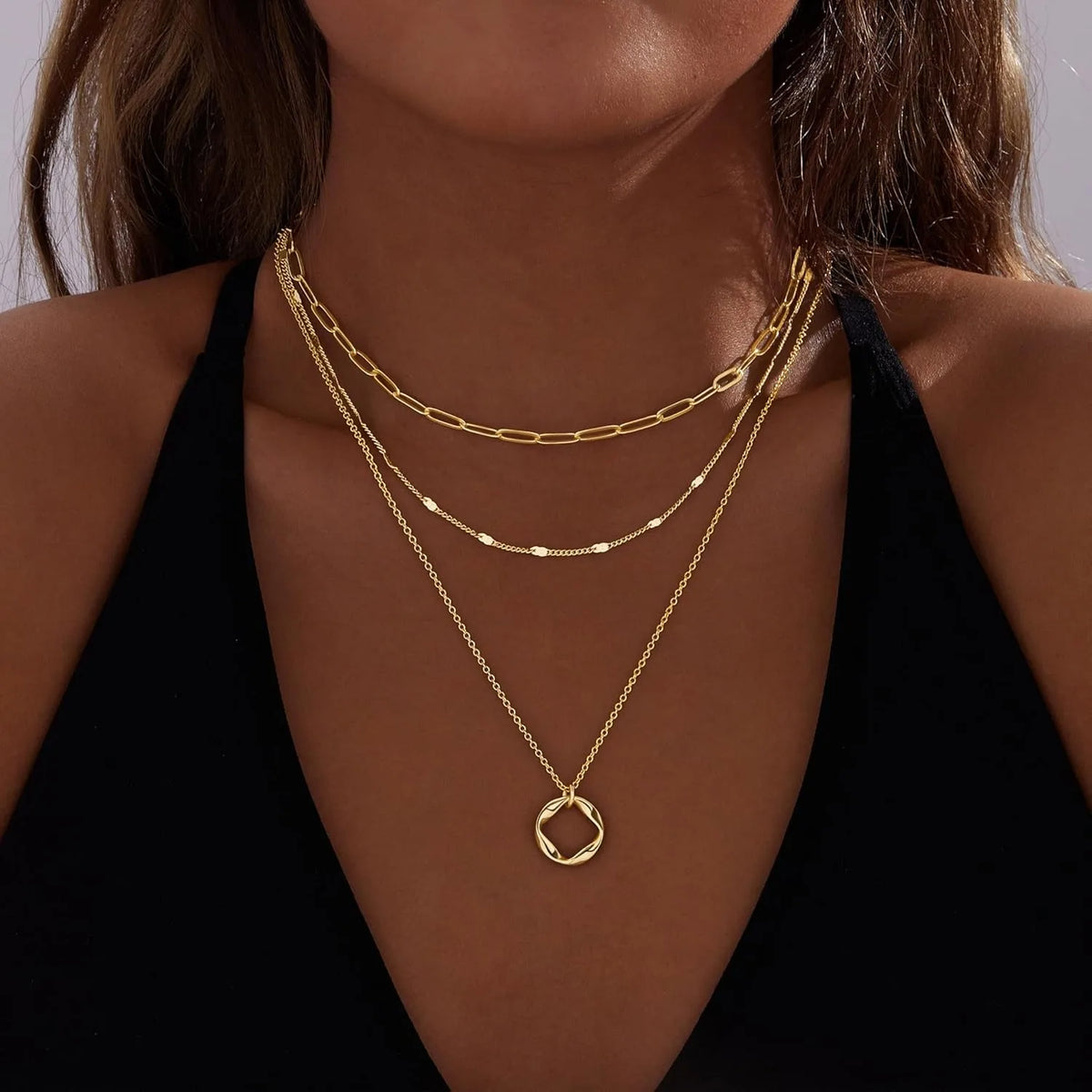 Layered 14K Gold Plated Necklaces for Women Stackable Silver Plated Circle Paperclip Chain Pendant Choker Necklace Set For Woman