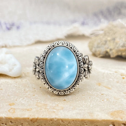 Vintage 925 Silver Natural Larimar Stone Ring Round Flower Shape Sky Blue Sea Water Ring Fine Jewelry Ring Gift For Women Men