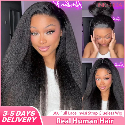 Kinky Straight Invisible Strap 360 HD Full Lace Wig – Glueless Drawstring, 220% Density