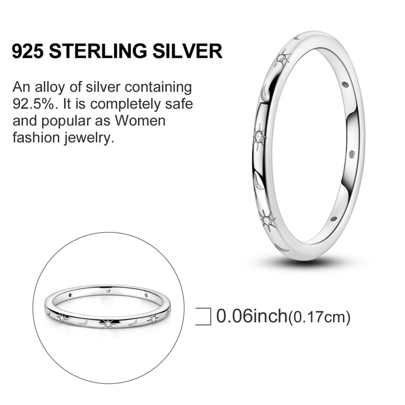 Original 925 Sterling Silver Rings Stars Moon Rings For Women Girls Jewelry Birthday Anniversary Gifts