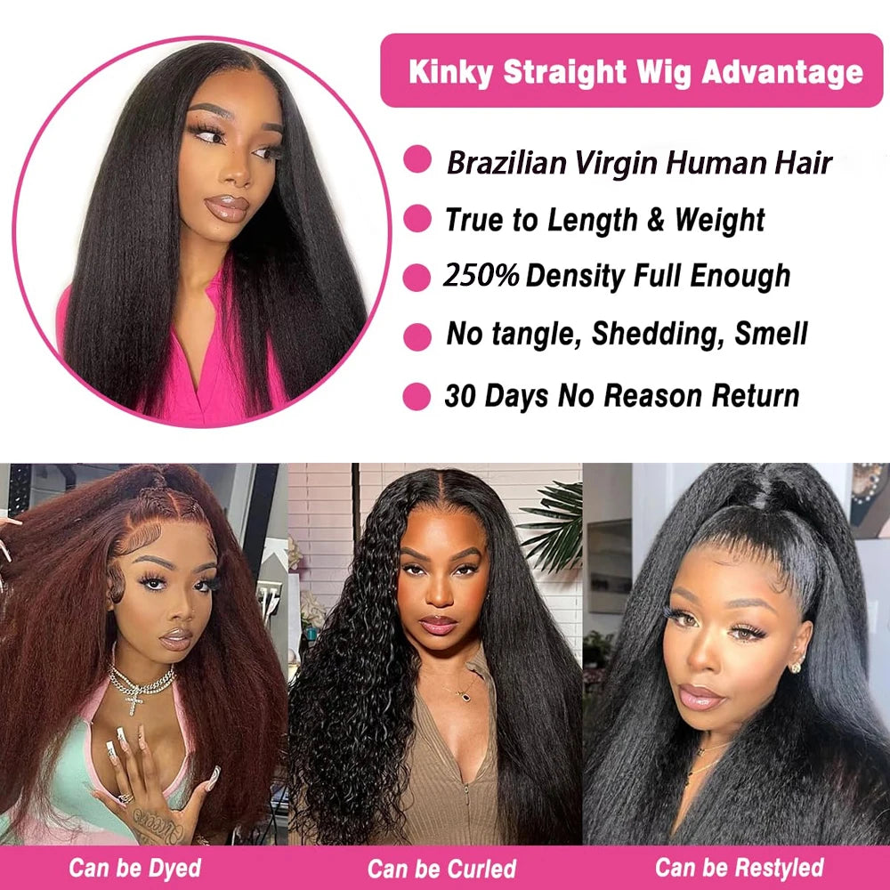Kinky Straight Glueless Lace Front Wig – 13x4 & 5x5 HD Closure, 250% Density