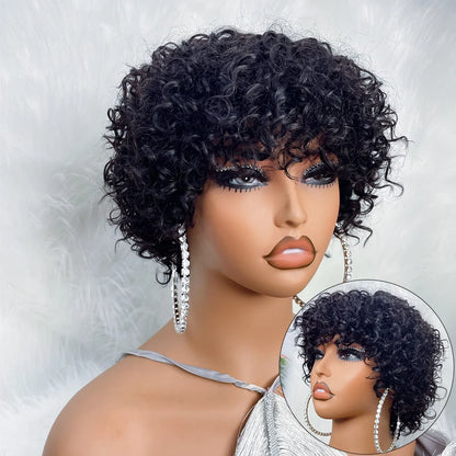 Pixie Cut Curly Bob Wig with Bangs – Glueless Human Hair for Black Women, Afro Rose Curl