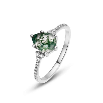 ALLNOEL Natural 6*8mm Green Moss Agate 925 Sterling Silver Rings For Women Water Drop Gemstone Engagement Gifts Healing Jewelry