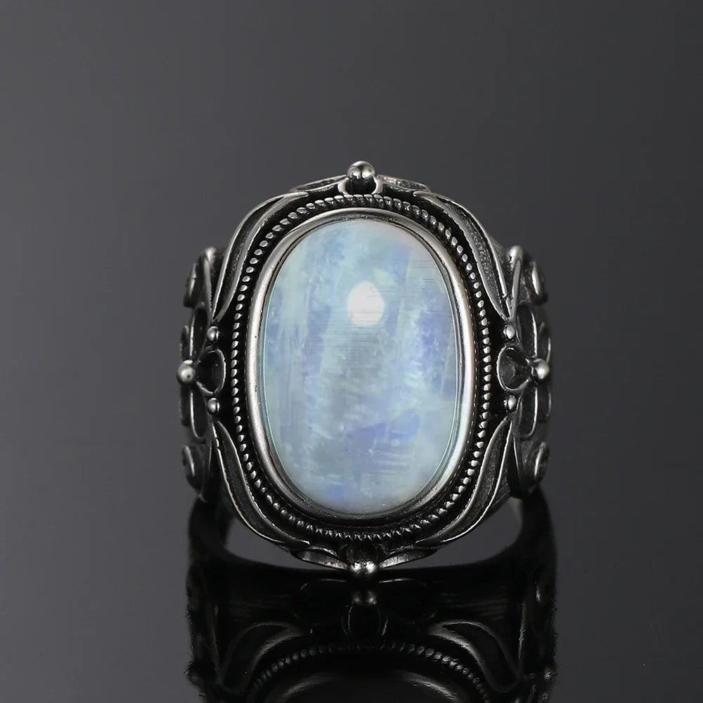 Round Oval Big Natural Moonstones Rings Women's Silver Plated Rings Gifts Vintage Fine Jewelry