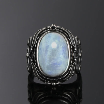 Round Oval Big Natural Moonstones Rings Women's Silver Plated Rings Gifts Vintage Fine Jewelry