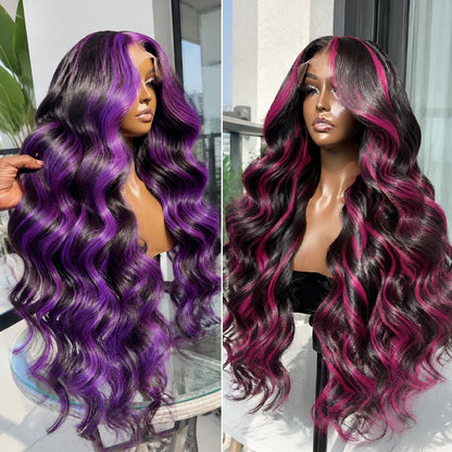 1B/Pink Ombre & Dark Purple Highlight Body Wave HD Lace Frontal Wig – 13x4 & 13x6, 250%
