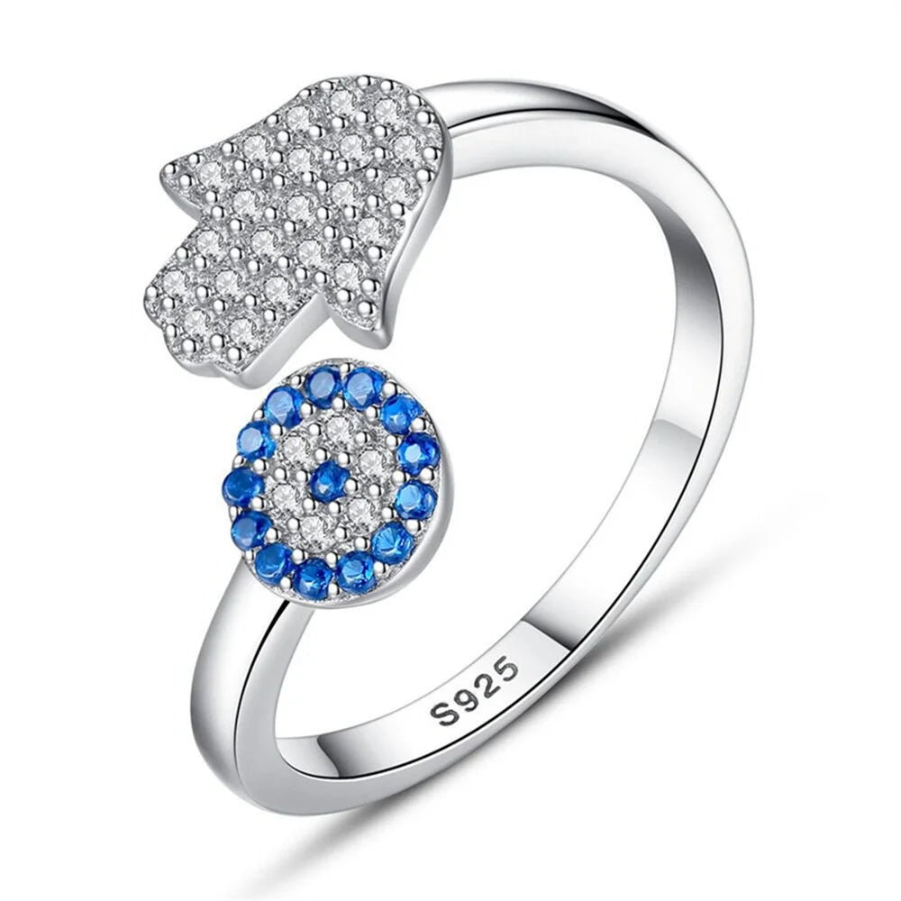 Trendy 925 Sterling Silver Evil Eye Crystal Adjustable Rings For Women Party Fashion Jewelry Anniversary Gift Wholesale