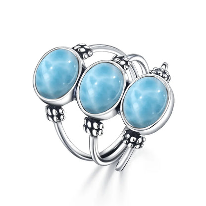 Vintage 925 Silver Natural Larimar Stone Ring Round Flower Shape Sky Blue Sea Water Ring Fine Jewelry Ring Gift For Women Men