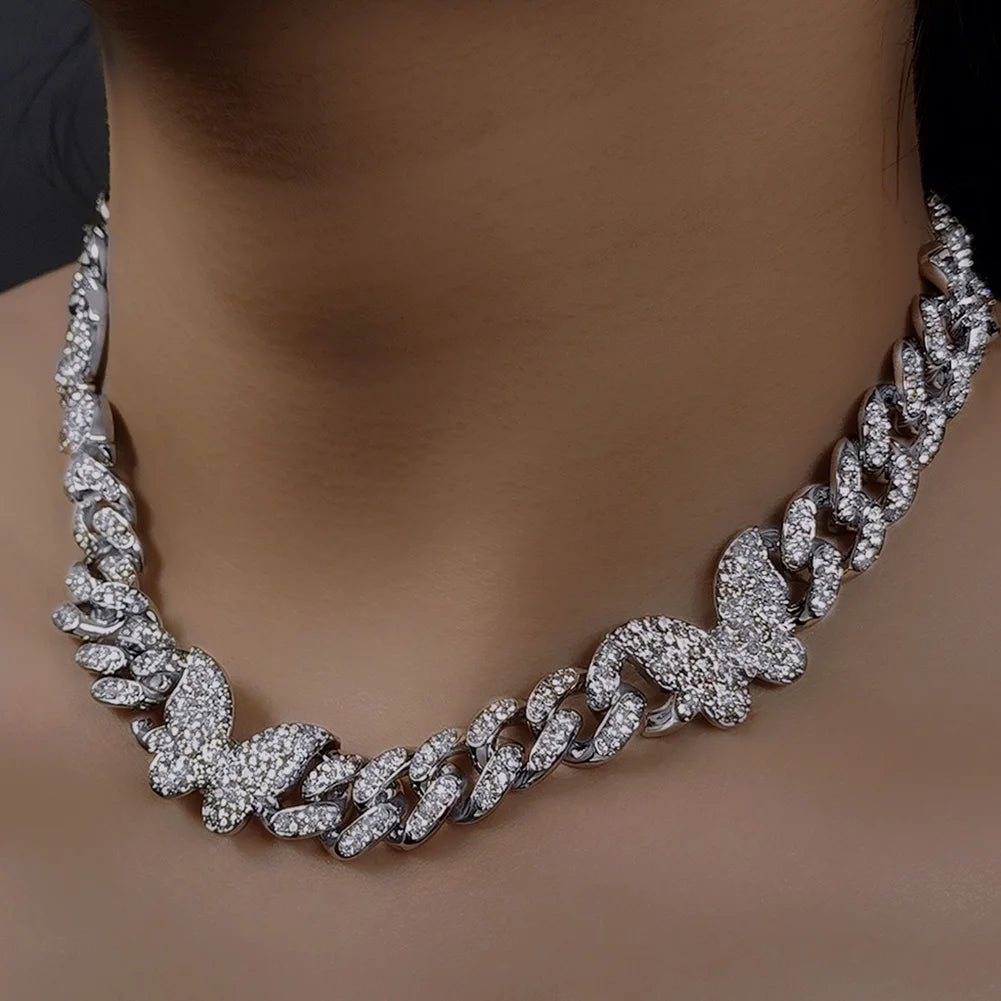Hip Hop Butterfly Cuban Link Chain Necklace for Men Women, Iced Out Rhinestone Miami Chain, Unisex Bling Jewelry Gift