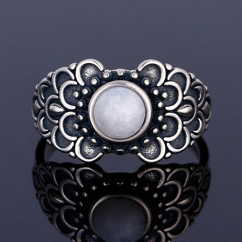 Round Oval Big Natural Moonstones Rings Women's Silver Plated Rings Gifts Vintage Fine Jewelry