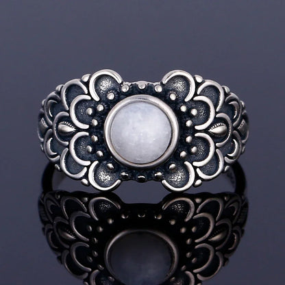 Round Oval Big Natural Moonstones Rings Women's Silver Plated Rings Gifts Vintage Fine Jewelry