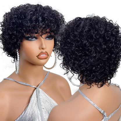 Pixie Cut Curly Bob Wig with Bangs – Glueless Human Hair for Black Women, Afro Rose Curl