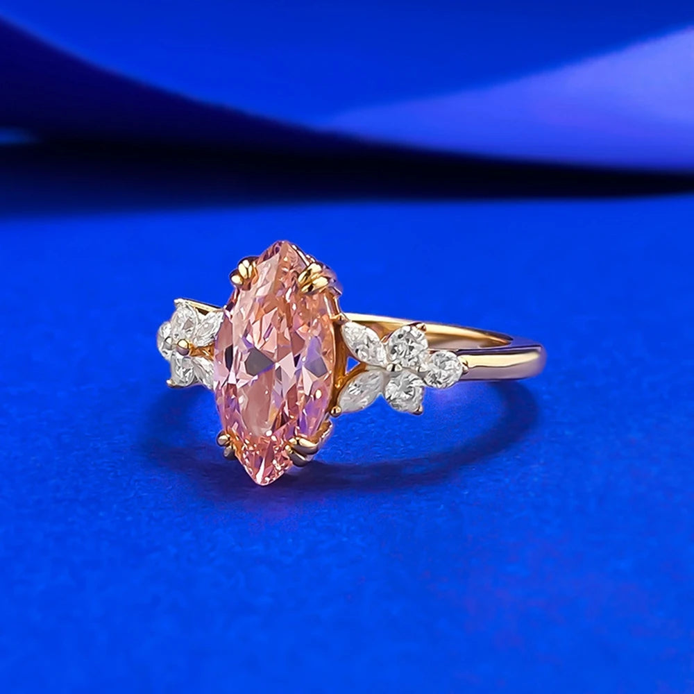 Wong Rain 925 Sterling Silver Marquise Cut  6*12 MM Padparadscha Gemstone Engagement Ring for Women Fine Jewelry Wedding Gifts