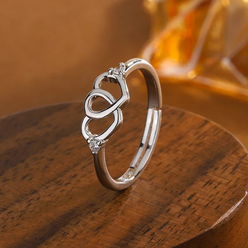 New Small Fresh Heart Shaped Creative Double Love Hollow 925 Sterling Silver Jewelry Fashion Crystal Opening Rings  R137