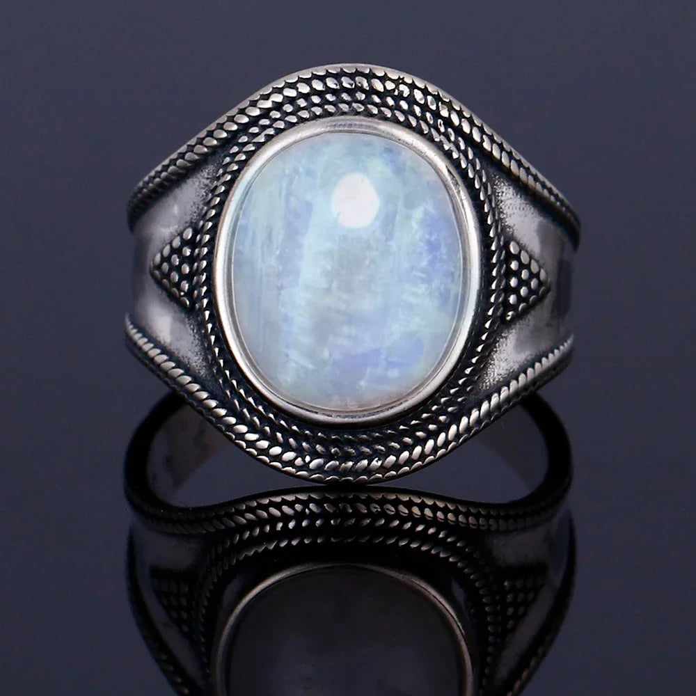 Round Oval Big Natural Moonstones Rings Women's Silver Plated Rings Gifts Vintage Fine Jewelry