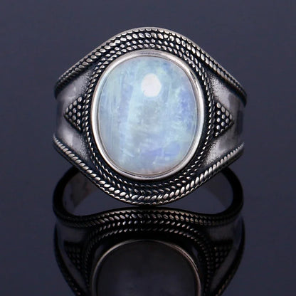 Round Oval Big Natural Moonstones Rings Women's Silver Plated Rings Gifts Vintage Fine Jewelry