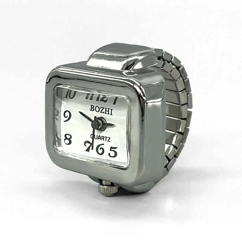 Punk Mini Quartz Watch Clock Finger Rings for Men Women Stainless Steel Elastic Strap Punk Couple Roman Ring Jewelry Gifts