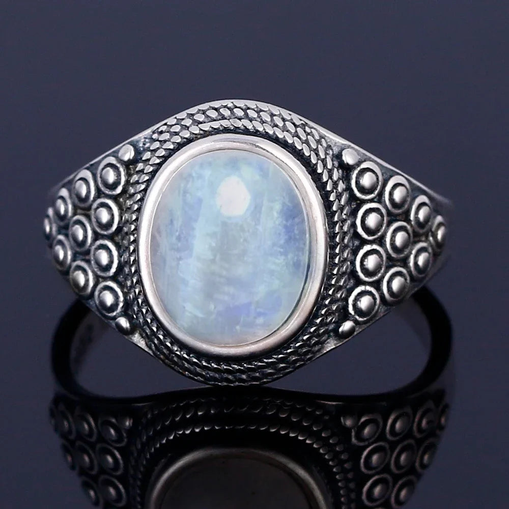 Round Oval Big Natural Moonstones Rings Women's Silver Plated Rings Gifts Vintage Fine Jewelry