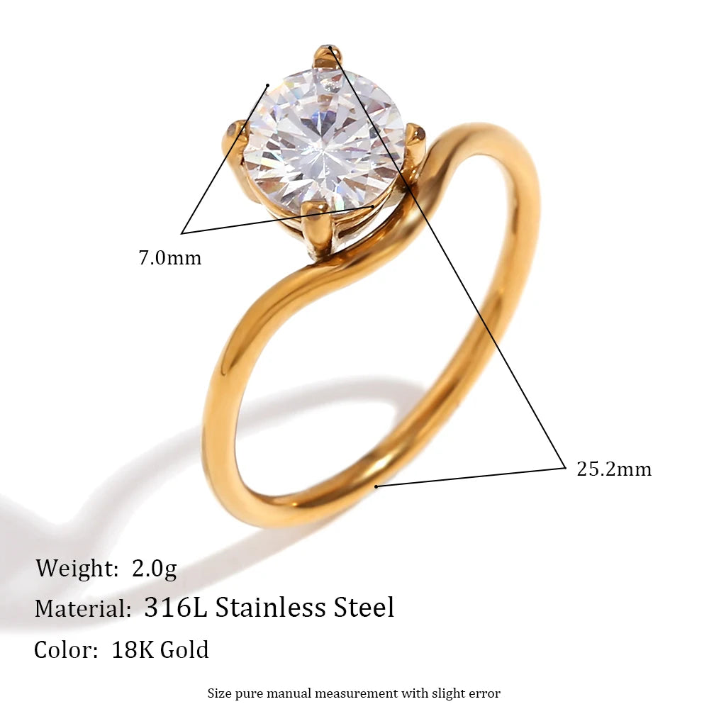 E.B.belle Wave Drop Round Zircon Ring Waterproof Minimalist 316L Stainless Steel Women's Rings 18K Gold Plated Accessories