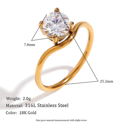 E.B.belle Wave Drop Round Zircon Ring Waterproof Minimalist 316L Stainless Steel Women's Rings 18K Gold Plated Accessories
