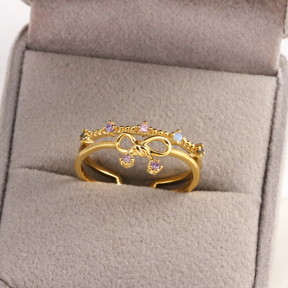100 styles 14K Gold Plated Color Zircon Flower Crown Bow Open Ring Women Adjustable Stackable Finger Rings Wedding Jewelry Gift