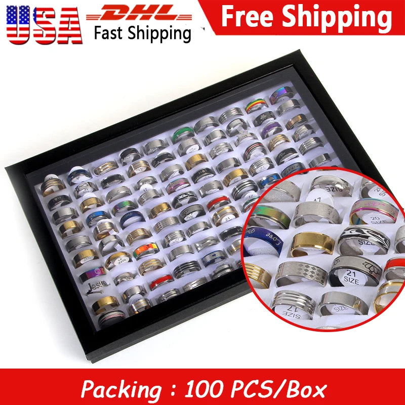 100pcs/Box Men Women Rings High Quality Stainless Steel Rings Fashion Trendy Jewelry Set Mix Style Wholesale Lot Party Gifts