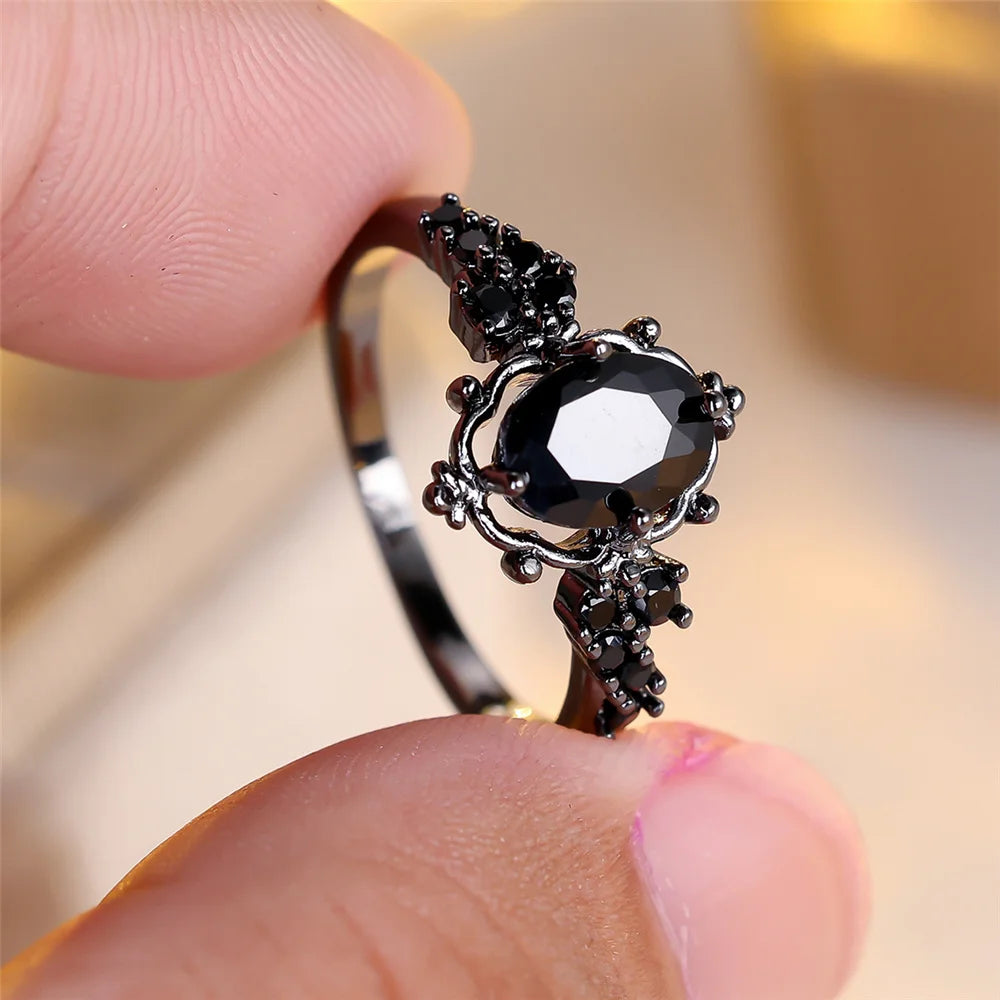 Luxury Female Balck Oval Zircon Stone Wedding Jewelry Promise Love Engagement Rings For Women