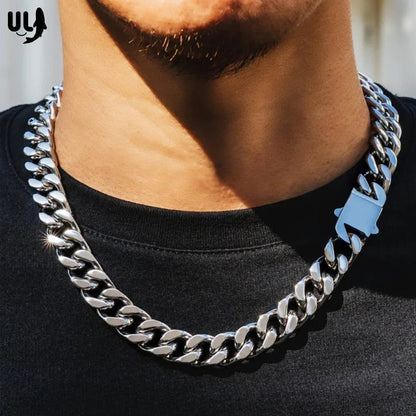 ULJ Punk Miami Cuban Link Men Hip Necklace 304 Stainless Steel Hip-Hop Female Male Bracelet Chain Ice Out Waterproof Jewelry
