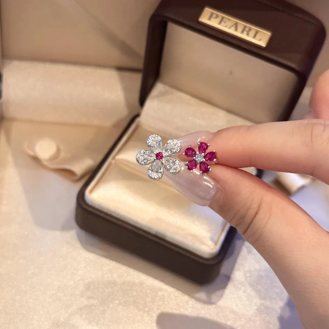 Fashion and High quality dazzling silver 925 full diamond red flower rings for women light luxury and exquisite jewelry gifts