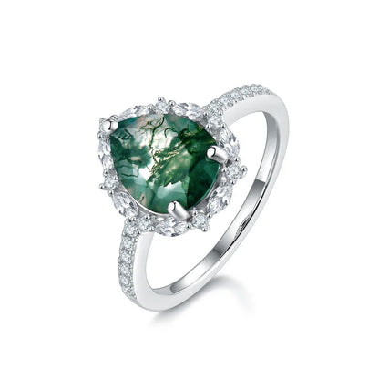 ALLNOEL Natural 6*8mm Green Moss Agate 925 Sterling Silver Rings For Women Water Drop Gemstone Engagement Gifts Healing Jewelry