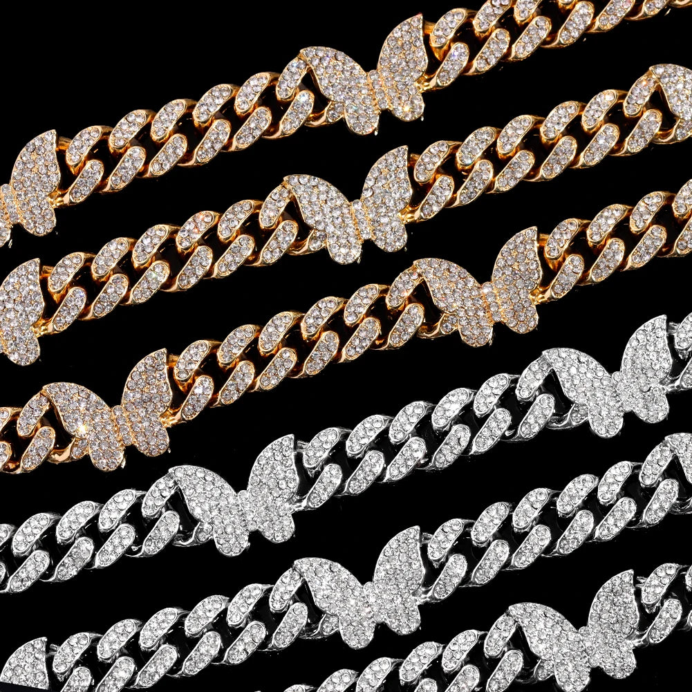Hip Hop Butterfly Cuban Link Chain Necklace for Men Women, Iced Out Rhinestone Miami Chain, Unisex Bling Jewelry Gift