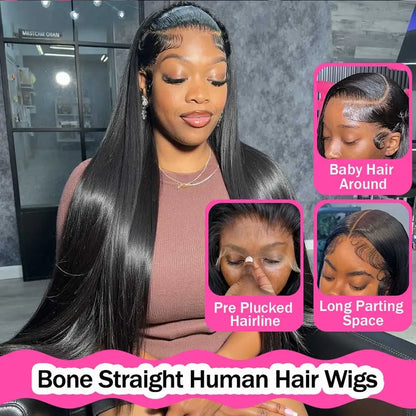 Bone Straight Glueless HD Lace Frontal Wig – 13x4 & 13x6 Transparent Lace, 40–42 Inch
