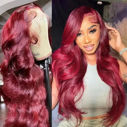 99J Burgundy 13x6 HD Lace Frontal Wig – 250% Density Body Wave, 30–36 Inch Red Colored