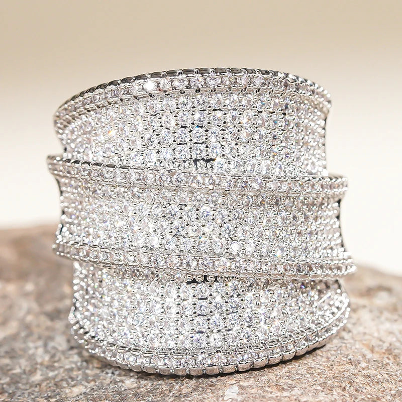 Huitan Full Bling Iced Out Wide Rings for Women Gorgeous Engagement Wedding Party Female Rings Sparkling CZ New Fashion Jewelry