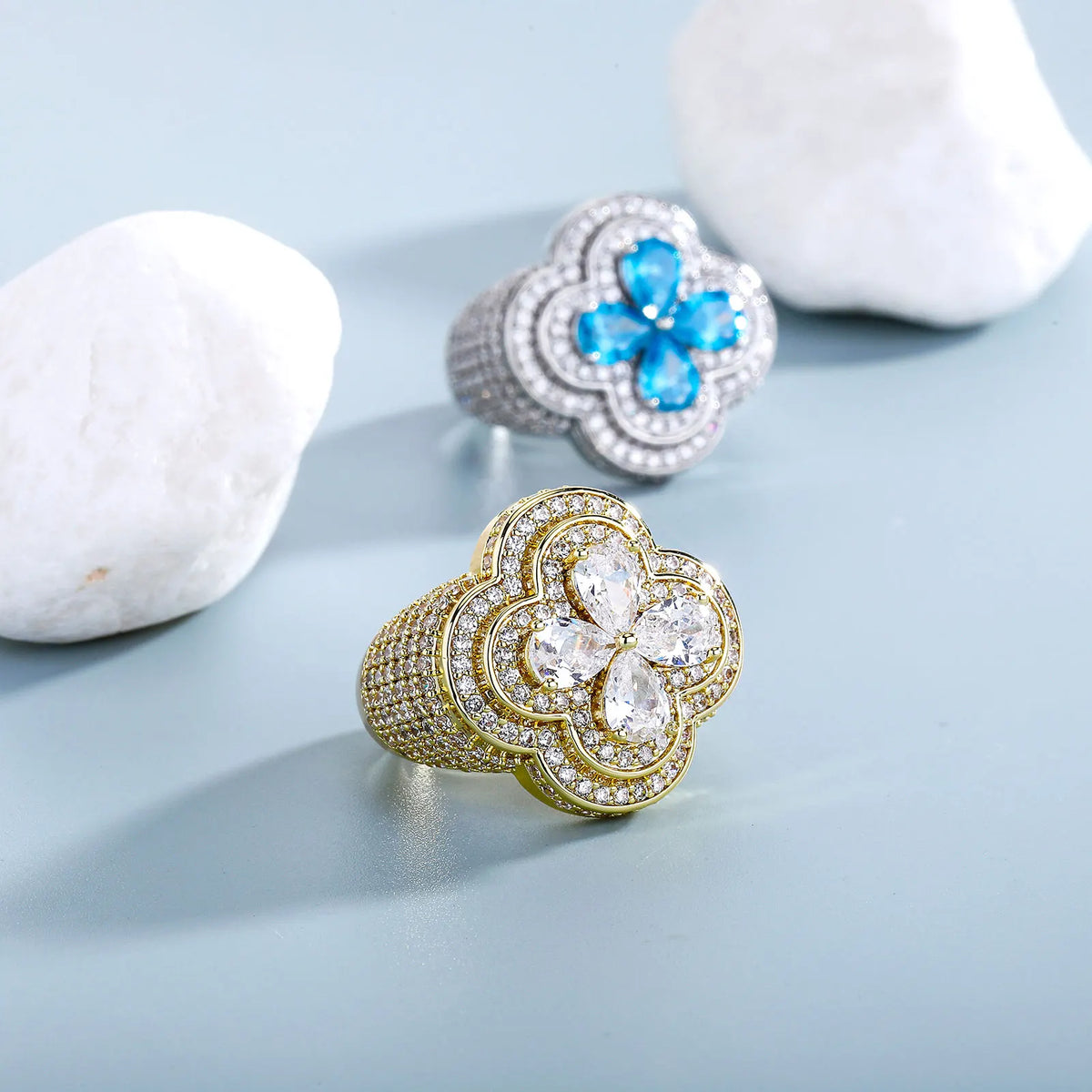 TOPGRILLZ Iced Out Colorful Four Leaf Flower Ring Bling Mirco Paved Cubic Zirconia Punk Rings For Men Women Jewelry