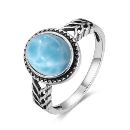 Vintage 925 Silver Natural Larimar Stone Ring Round Flower Shape Sky Blue Sea Water Ring Fine Jewelry Ring Gift For Women Men