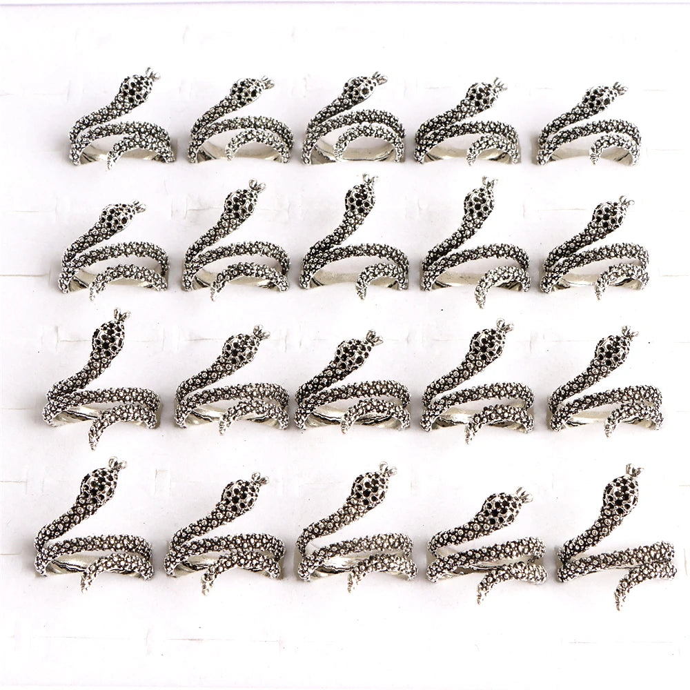 10pcs/lot Men Retro Punk Snake Rings For Women Antique Siver Color Opening Adjustable Jewelry Party Gifts
