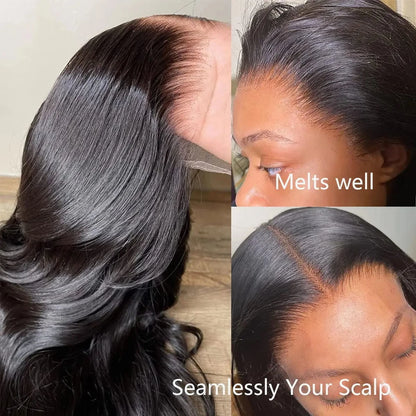 Natural Black Body Wave 13x4 Lace Frontal Wig – HD Transparent Pre-Plucked, 180% Density