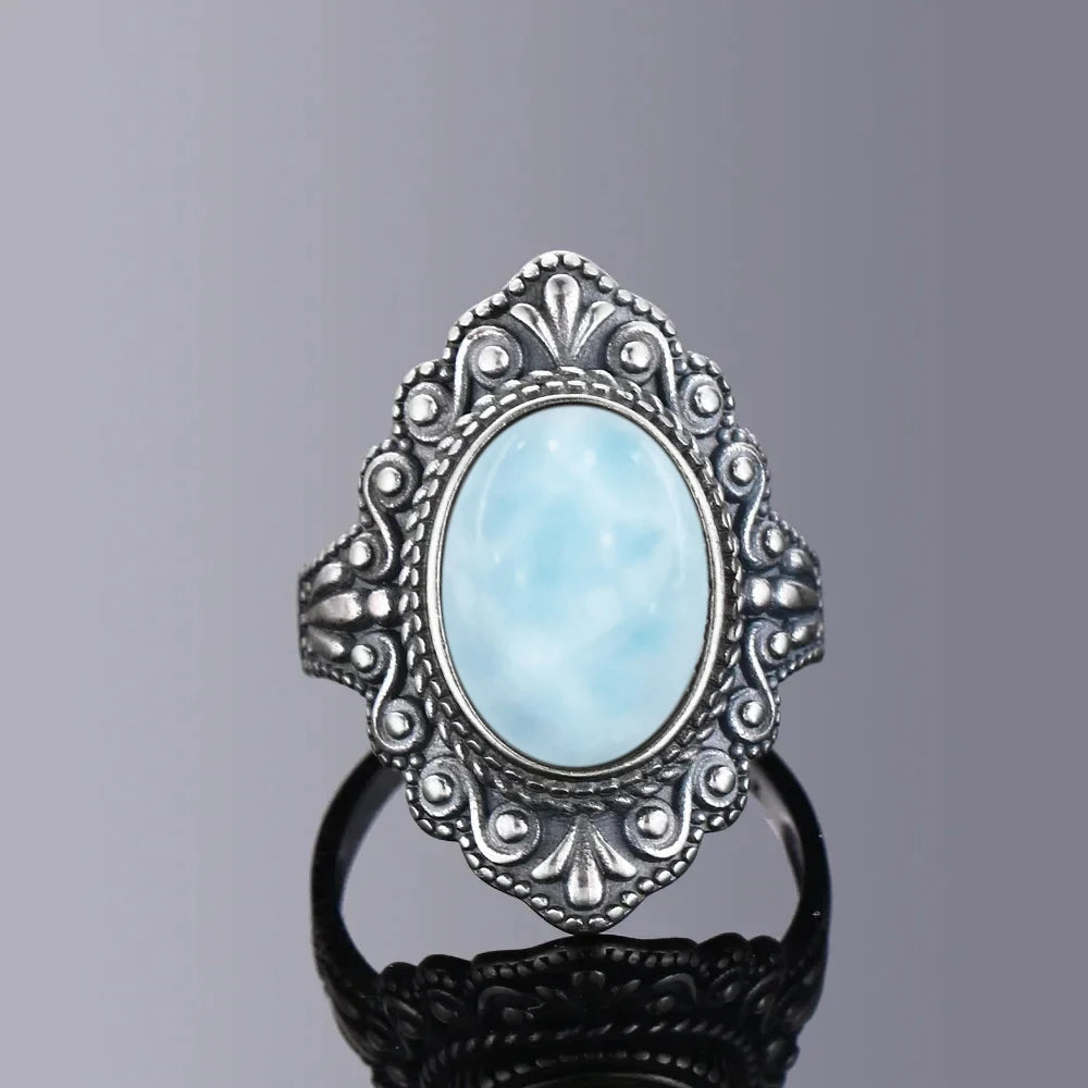 Vintage 925 Silver Natural Larimar Stone Ring Round Flower Shape Sky Blue Sea Water Ring Fine Jewelry Ring Gift For Women Men