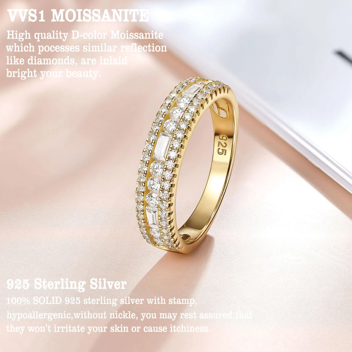 Newshe GRA Certified Moissanite Wedding Bands 925 Sterling Silver Yellow Gold Plated Promise Engagement Rings