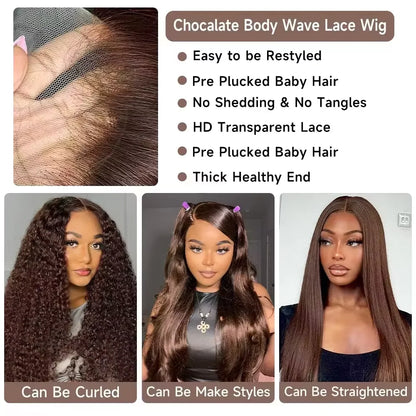 Chocolate Brown #4 Body Wave 13x6 HD Lace Front Wig – 46 Inch Skin-Melt, 200% Density